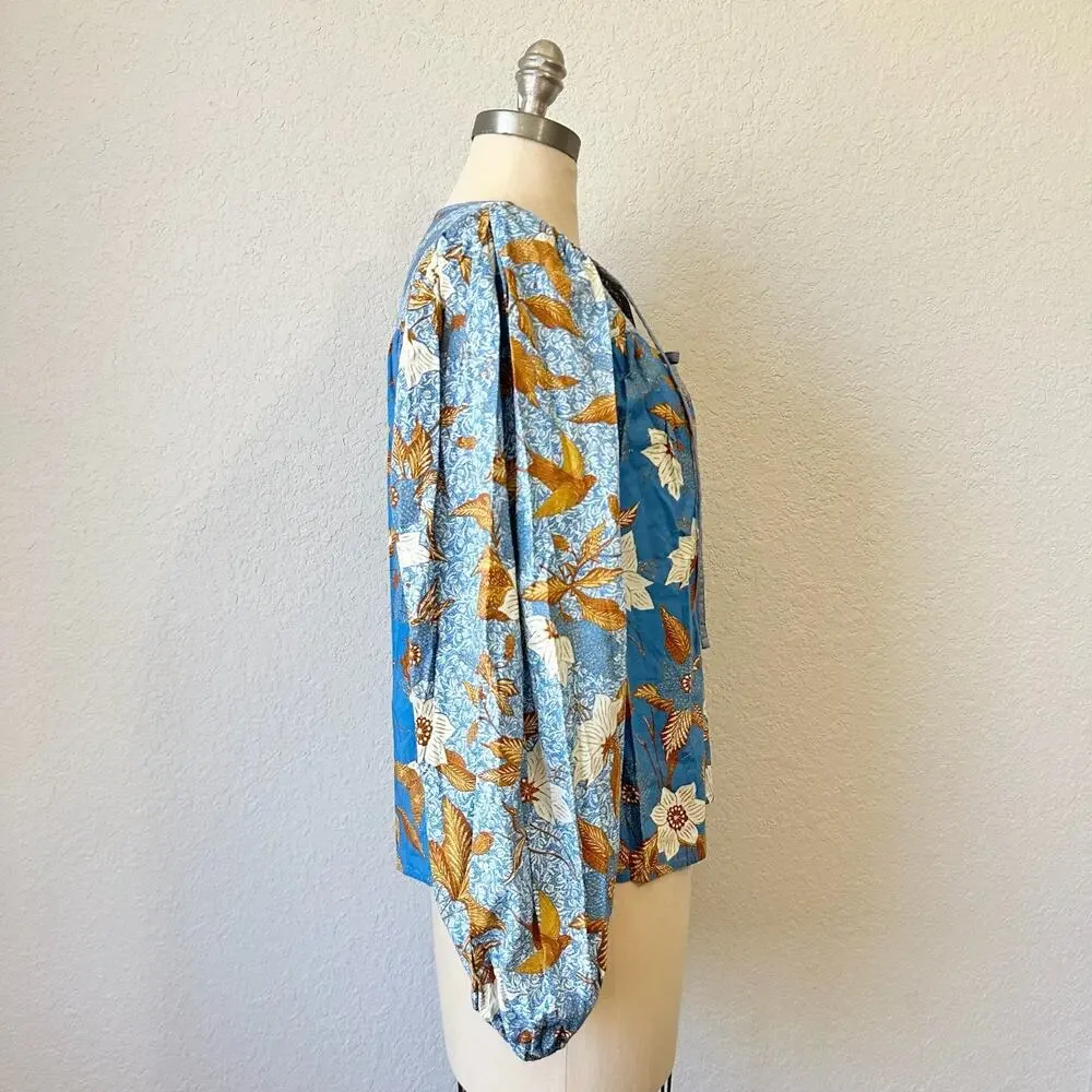 ULLA JOHNSON Joanie Blouse Lapis Blue Floral Puff Long Sleeve Boho